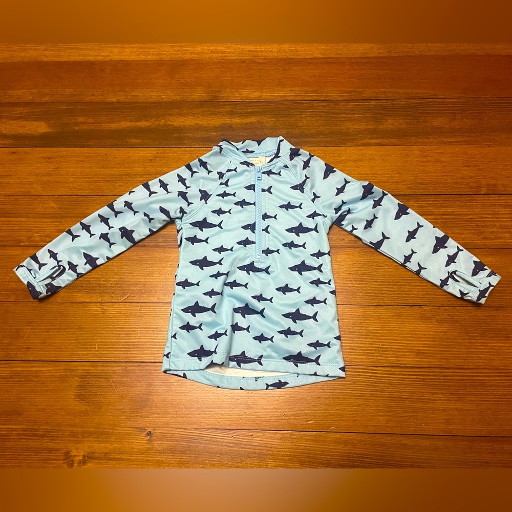 Monica + Andy Light Aqua Rash Guard Top with Navy Shark Print Size 12-18 Months